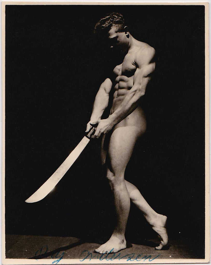 Stunning and dramatic image of Ray Andersen holding a big sword vintage physique photo