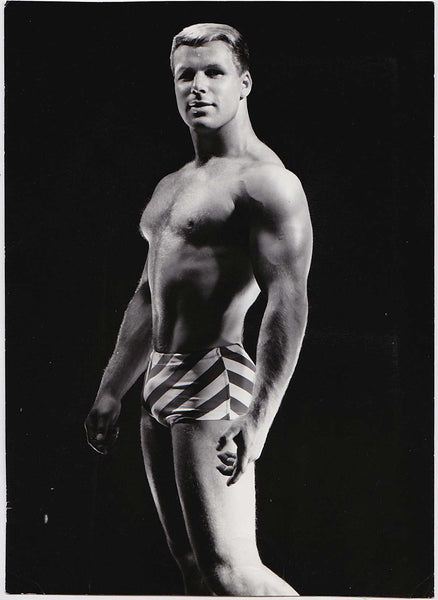 Rare original vintage photo of a bodybuilder wearing striped trunks by Stan of Sweden