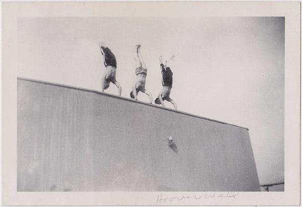 3 men doing Handstand Atop Hoover Wall vintage photo
