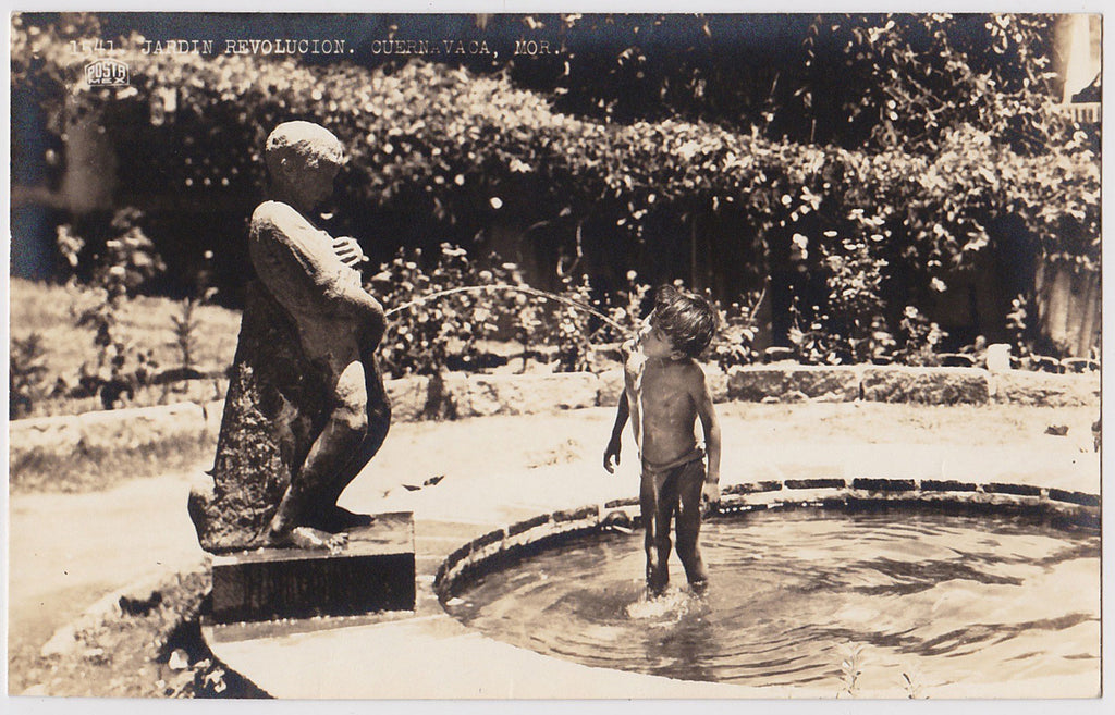 Boy Drinking from Fountain: Real Photo Postcard