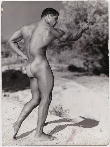 Vintage photo of muscular Christian Dancale, Mr. Europe 1960, by Jean Ferrero, Nice, France.   Series No. 14524 stamped on verso. 3 1/2" x 5" with studio stamp, c. 1962.