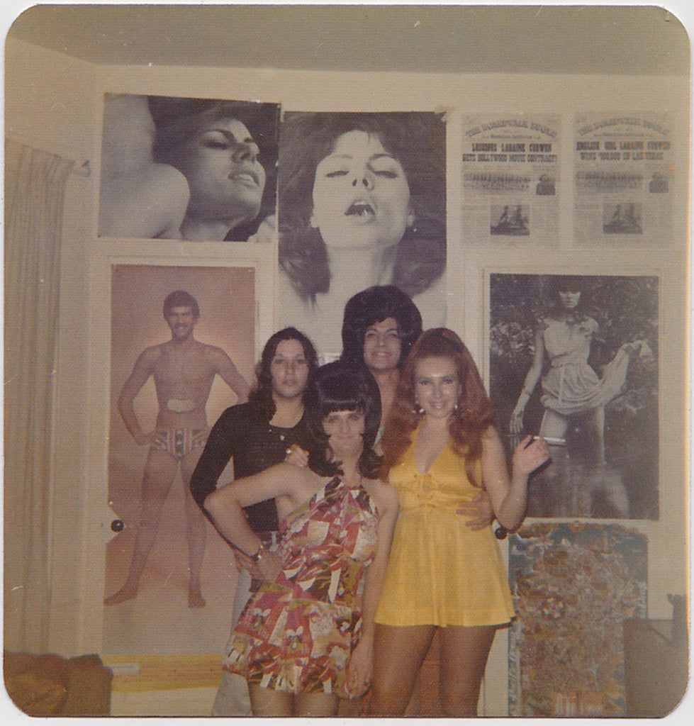 Four Drag Queens with Mark Spitz Poster vintage color photo