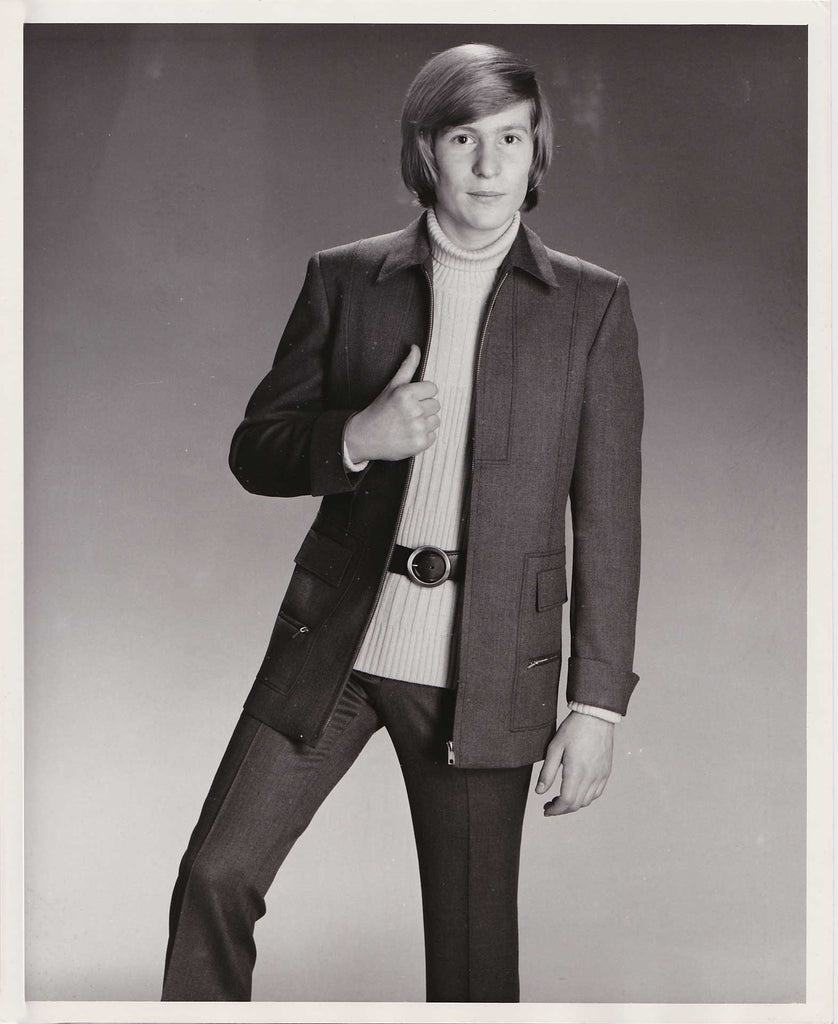 Vintage Men's Fashion photo undated c. 1972. Designer: Gloria Gross Holiday-style suit in wool serge.
