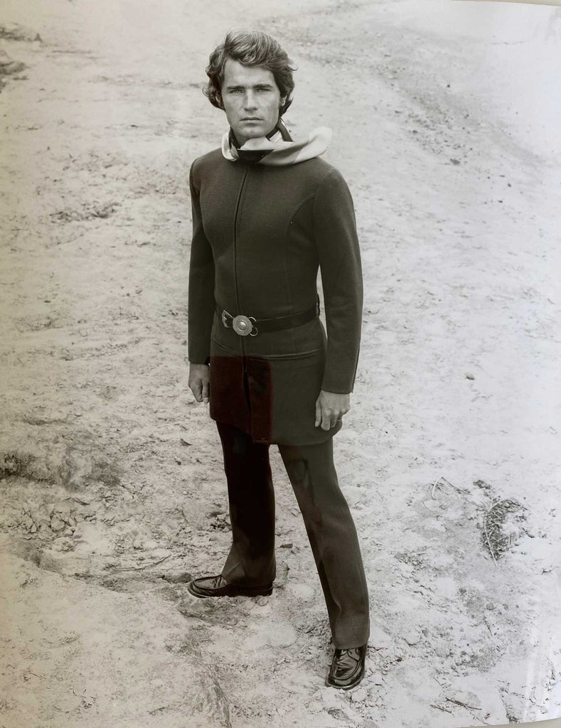 Vintage Men's Fashion photo dated 1972.  Designer: Gloria Gross, London  Skin-tight suit made of wool