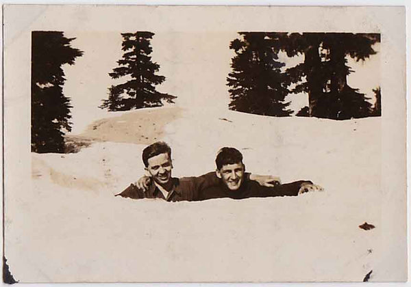 Two buddies in snow up to their armpits vintage snapshot