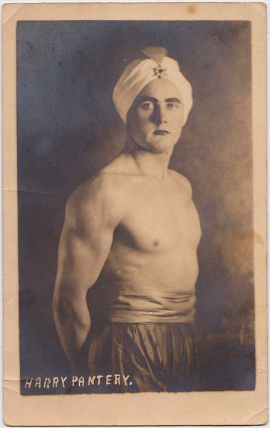 Vintage real photo postcard strongman bodybuilder Harry Pantery in Jeweled Turban