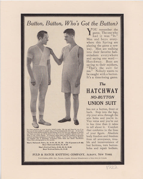 1922 men's Fuld & Hatch underwear union suit who's got the button vintage  ad