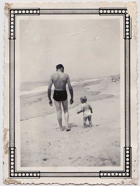 Hot Dad and Son on Beach: Vintage Photo