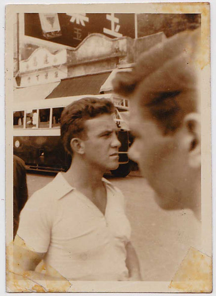 Very interesting image of a young guy on a street in Japan facing another, very similar looking man vintage snapshot