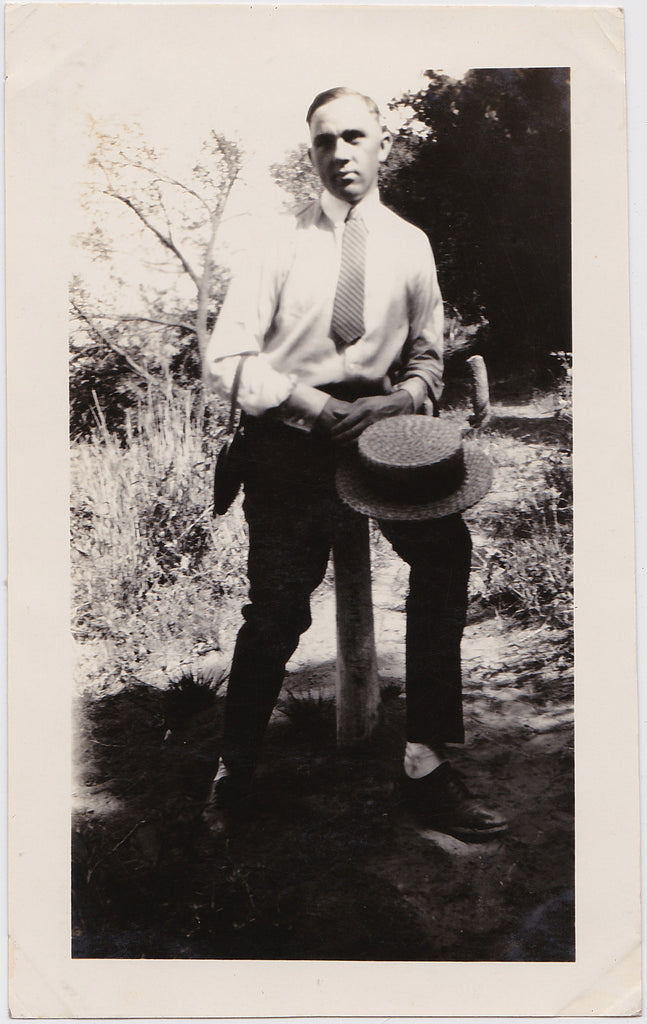 vintage gay snapshot Man with Boater and Purse