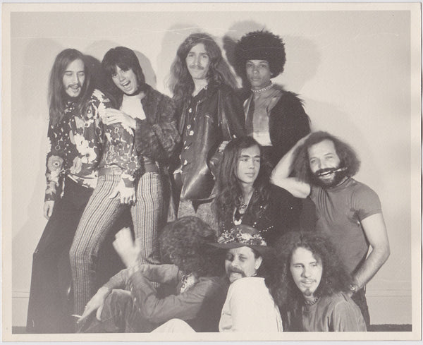 Nine Hippie Guys: Vintage photo on textured matt paper, undated c. 1970.