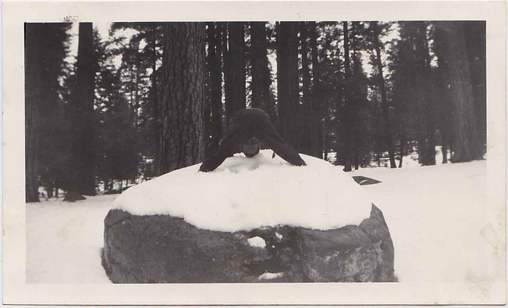 Guy on Snowy Boulder vintage snapshot