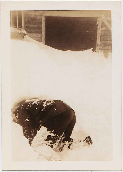 Guy Burrowing into Snowdrift vintage sepia snapshot