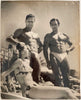 Large format vintage print of two French bodybuilders standing beside the Queen of the Côte d'Azur. vintage gay photo