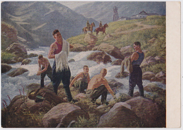 Soldiers Bathing in River: Vintage Postcard