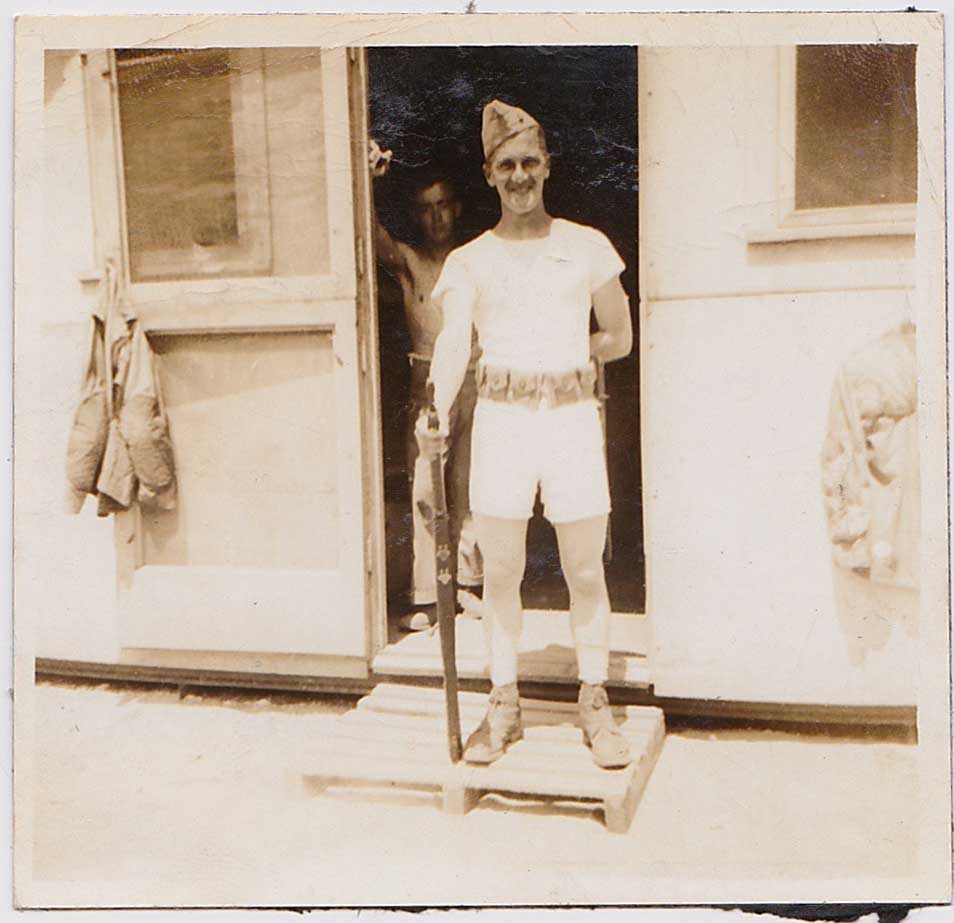 Semi-nude Soldier Standing Outside Barracks vintage photo