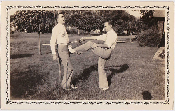 Bill & Fred in Mock Sword Fight vintage snapshot