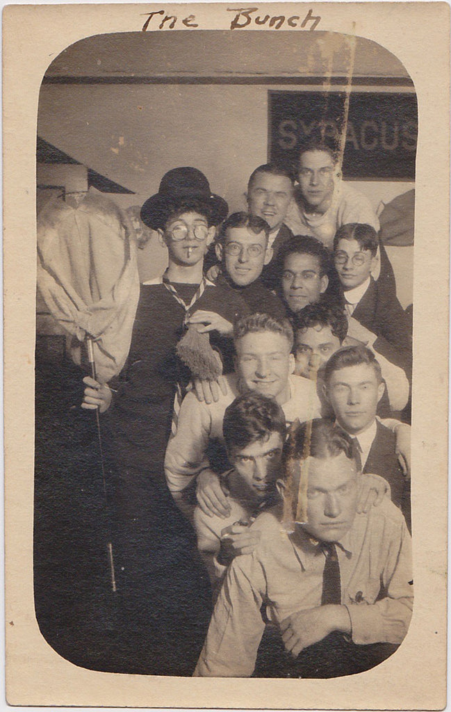 With the Syracuse banner hanging on the wall, this group of young guys AKA "The Bunch" vintage sepia photo