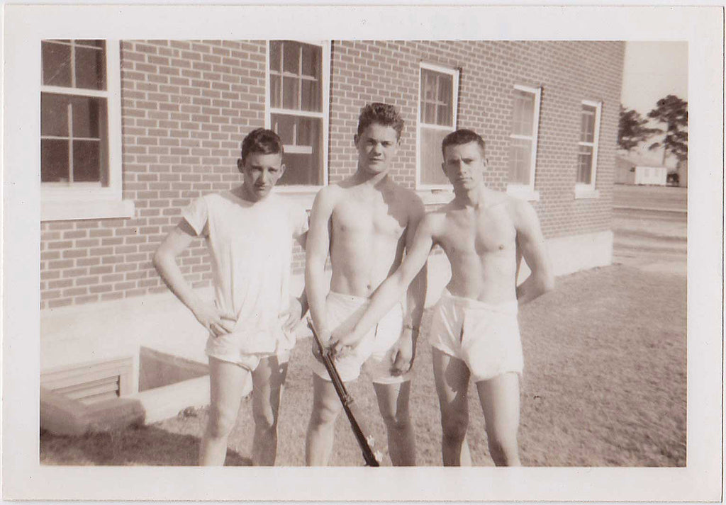 Three Young Guys with Gun vintage snapshot
