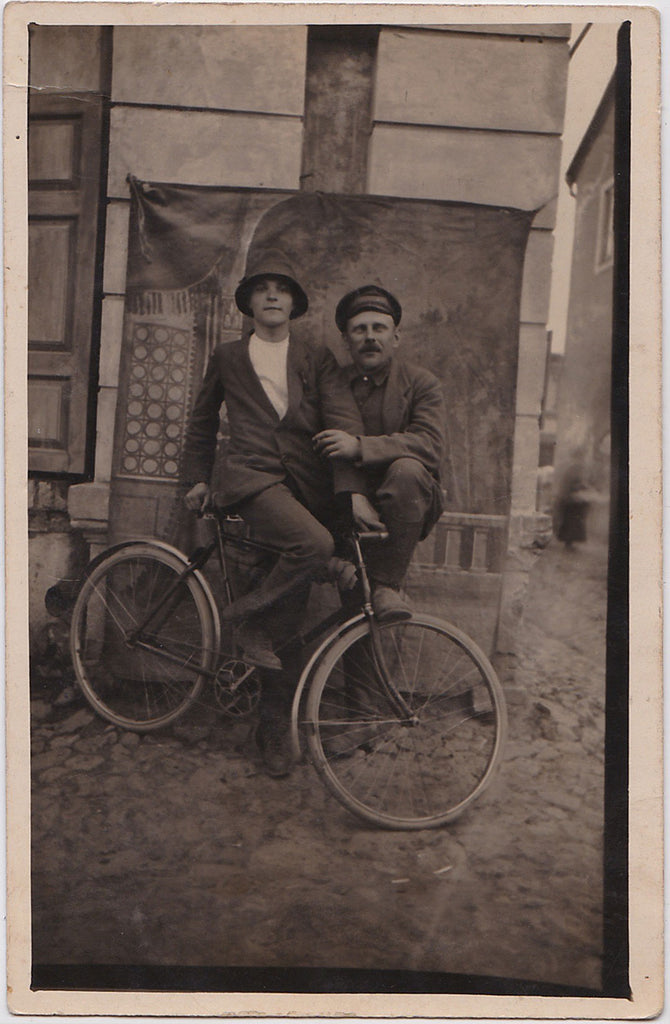 Two Affectionate Men with Bicycle: Real Photo Postcard