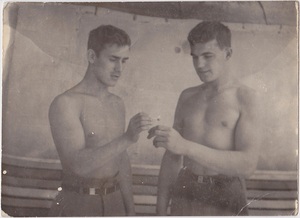 Two Guys Sharing a Cigarette Vintage Snapshot