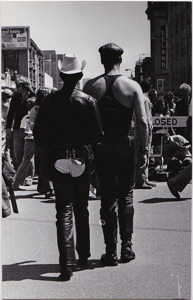 Two Leathermen at Gay Pride: Real Photo Postcard Marie Ueda 1977